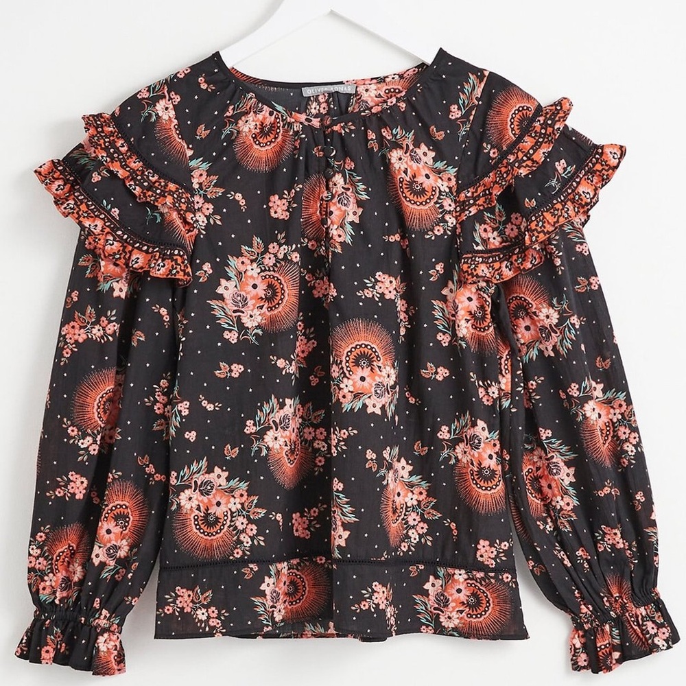 Oliver Bonas Floral Print Border Frill Shoulder Black Cotton Blouse
US Size 4
